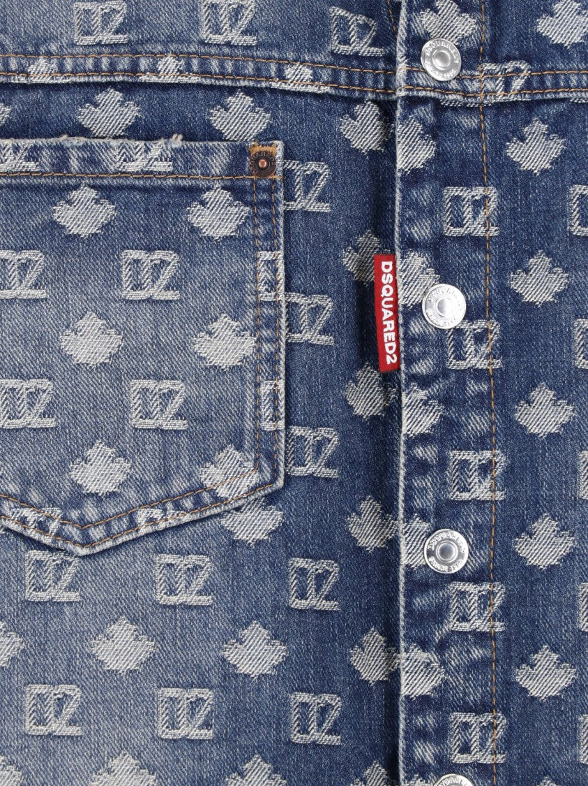 Dsquared2 Worn Wash Denim Shirt With All-Over Monogram Design