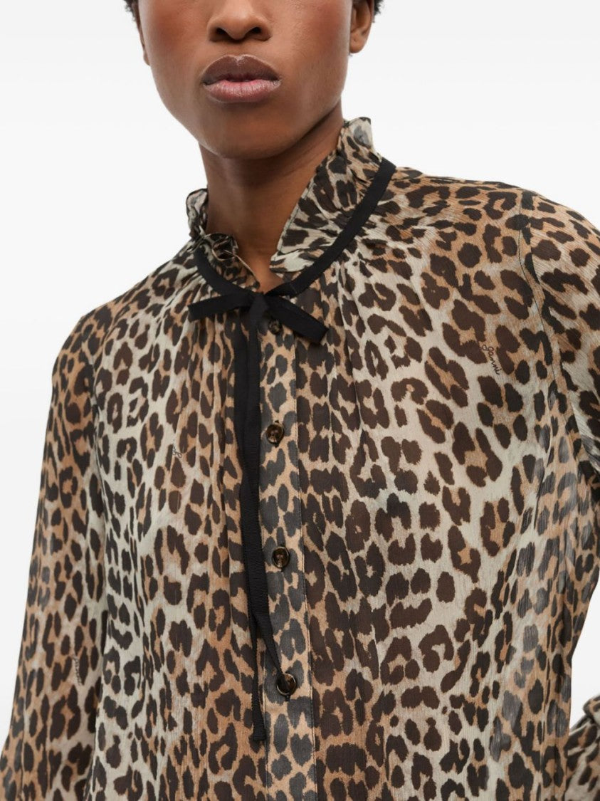 Ganni Leopard Print Semi-Sheer Blouse With Ruffled Neckline