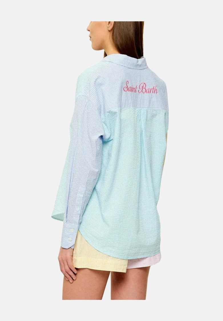 Mc2 Saint Barth Patchwork Button-Up Shirt With Vertical Stripes