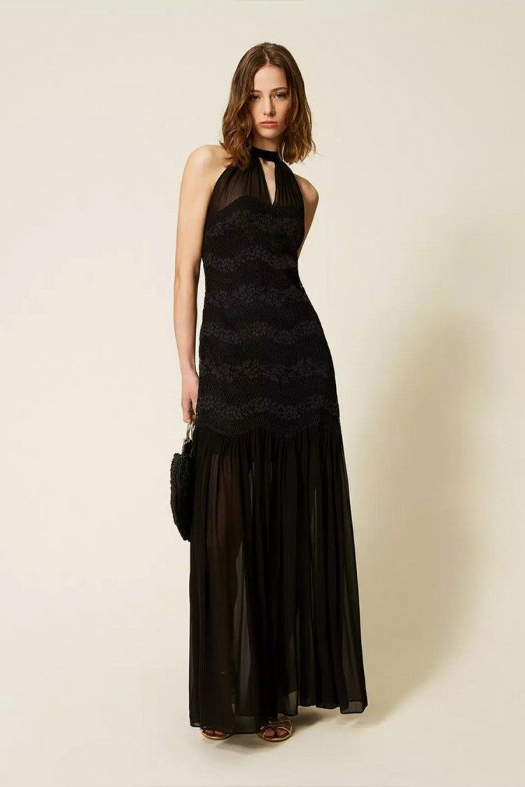 Twin-Set Black Halterneck Lace Panel Keyhole Viscose-Blend Maxi Dress