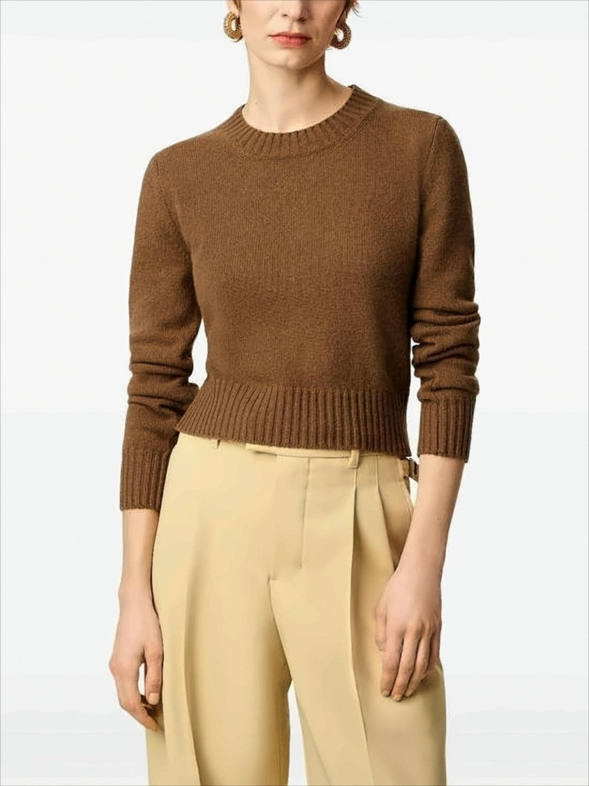 Ami Paris Cropped Brown Cashmere Blend Sweater With Heart Detail
