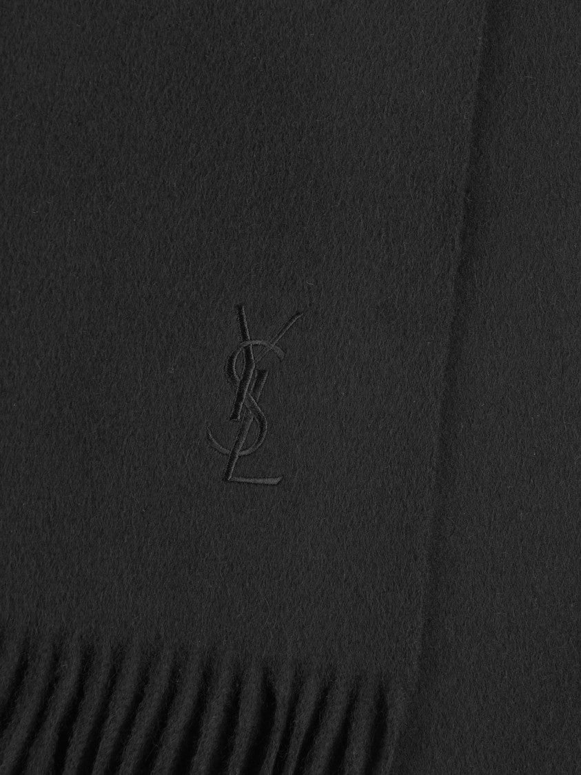 Saint Laurent Echarpe Solid Black Fringed Scarf