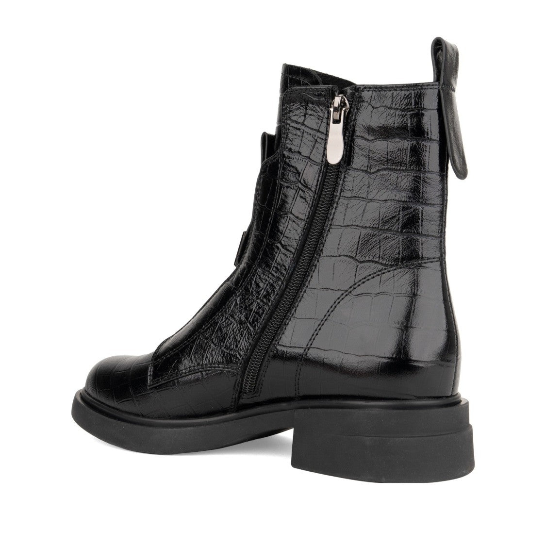 Linda Baumann Black Crocodile Texture Metallic Buckle Patent Leather Boots