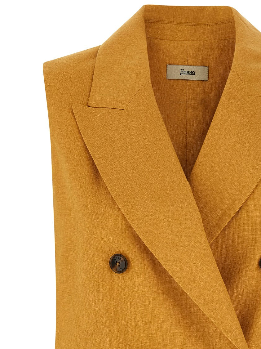 Herno Double-Breasted Linen Vest With Flared Silhouette