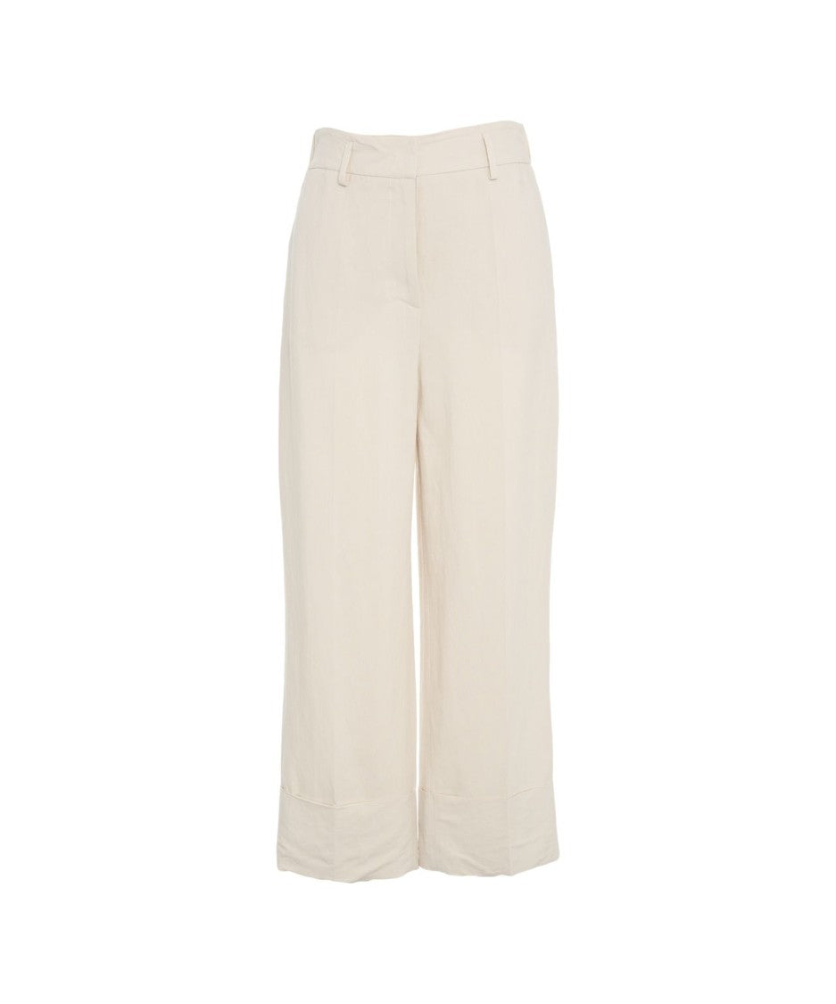 Gender Beige Linen Trousers With Turn-Ups