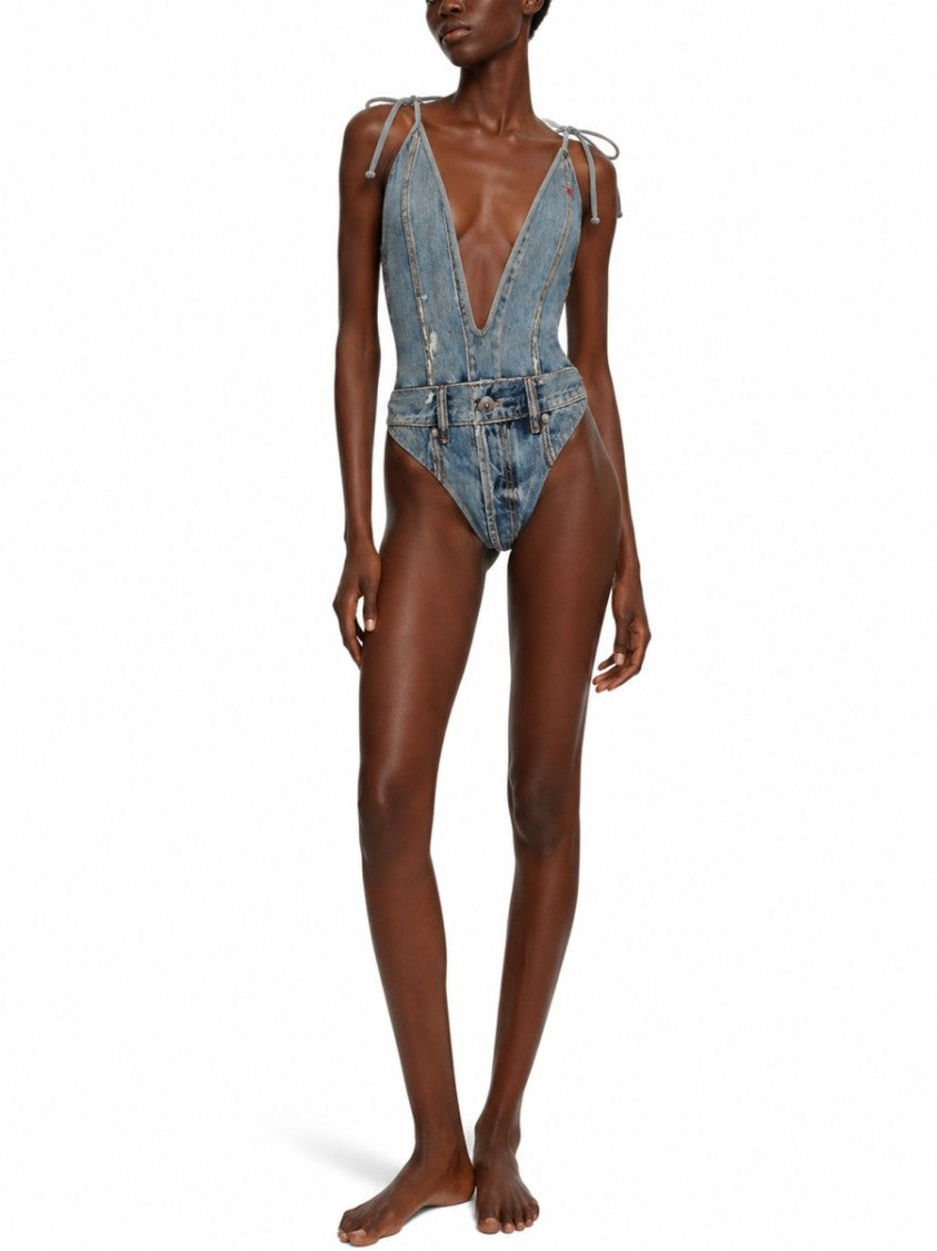 Diesel Black Effetto Denim Polyester-Blend High-Cut One-Piece Swimsuit