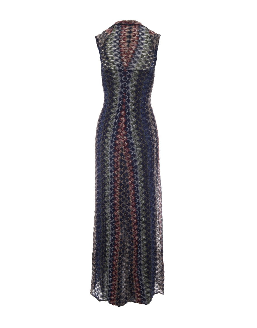 Missoni Fitted Multicolored Zigzag Pattern V-Neck Knit Midi Dress