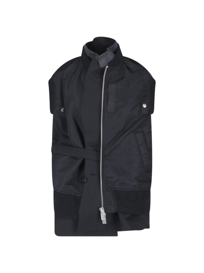 Sacai Layered Black Nylon Twill Vest With Double Breasted Design