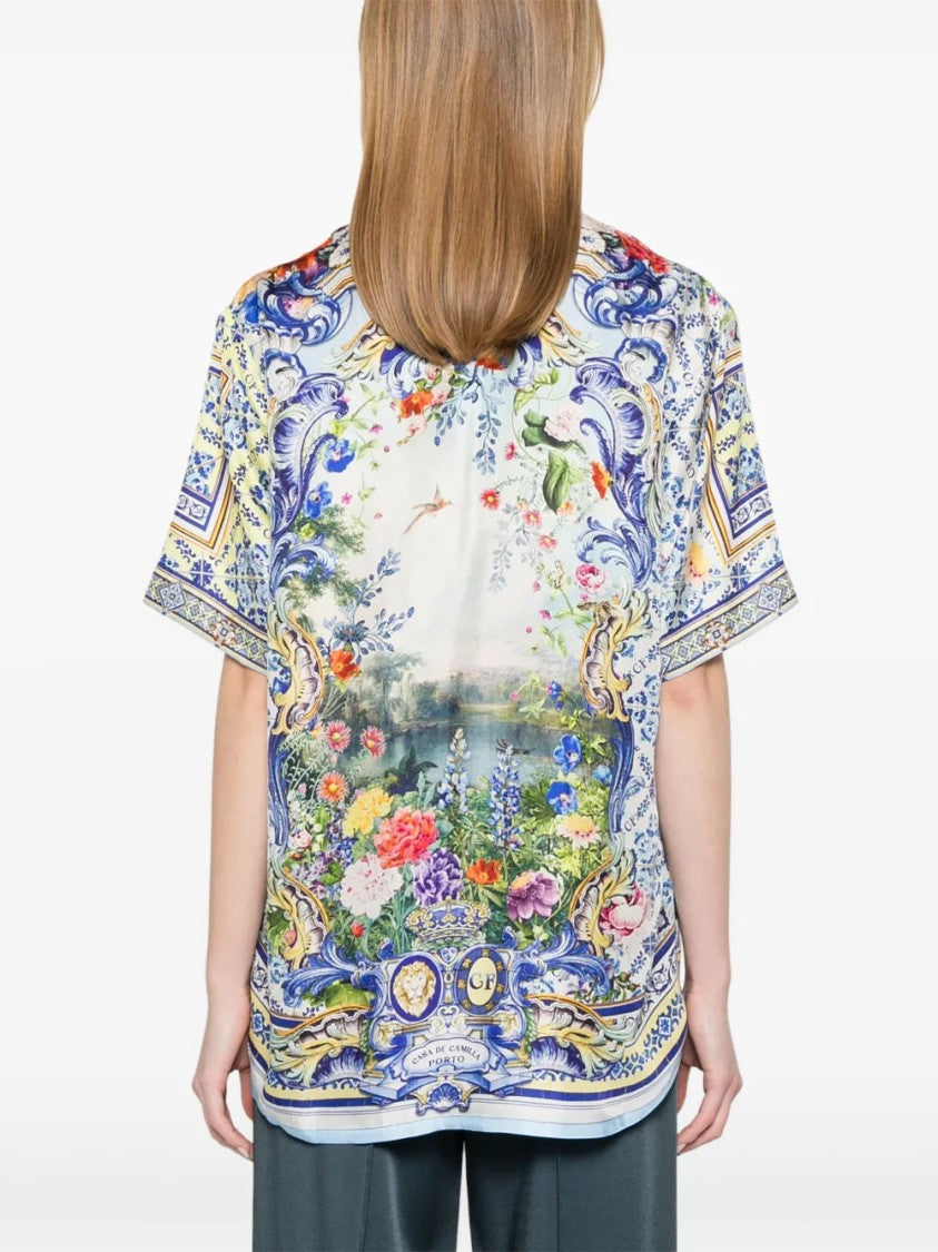 Camilla Vibrant Floral Print Silk Shirt With Classic Collar