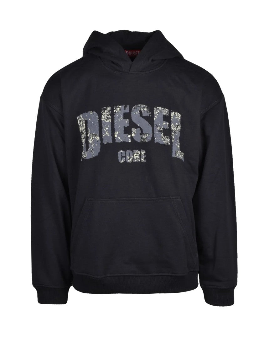 Diesel Black Hoodie With Distressed Logo And Kangaroo Pocket
