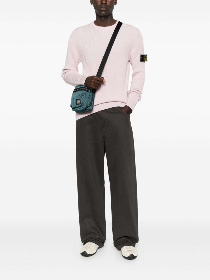Stone Island Ribbed Virgin Wool Crew Neck Sweater With Logo Badge