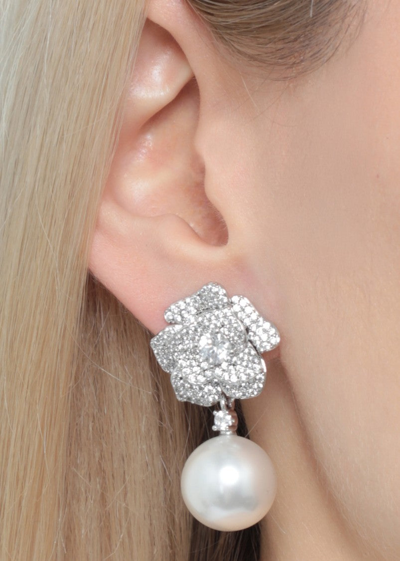 Self-Portrait Rose-Shaped Crystal And Pearl Earrings With Pressure Closure