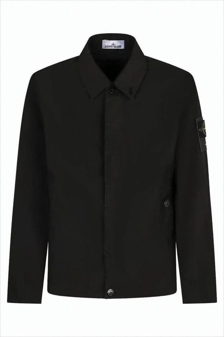 Stone Island Cropped Black Jacket With Classic Collar And Concealed Placket
