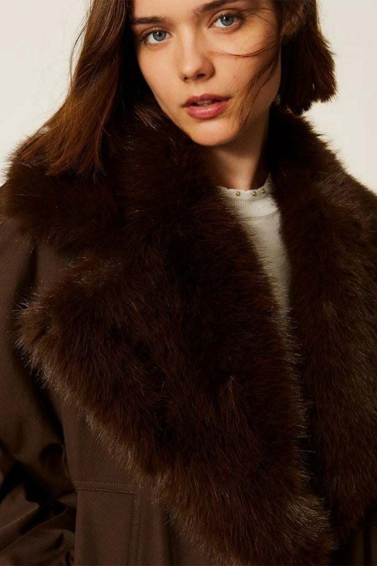 Twin-Set Brown Cotton-Polyester Blend Faux-Fur Collar Jacket