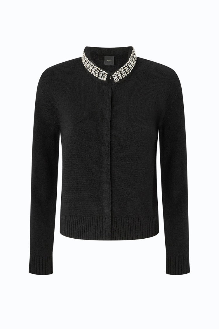 Pinko Black Embellished Collar Wool-Blend Cardigan