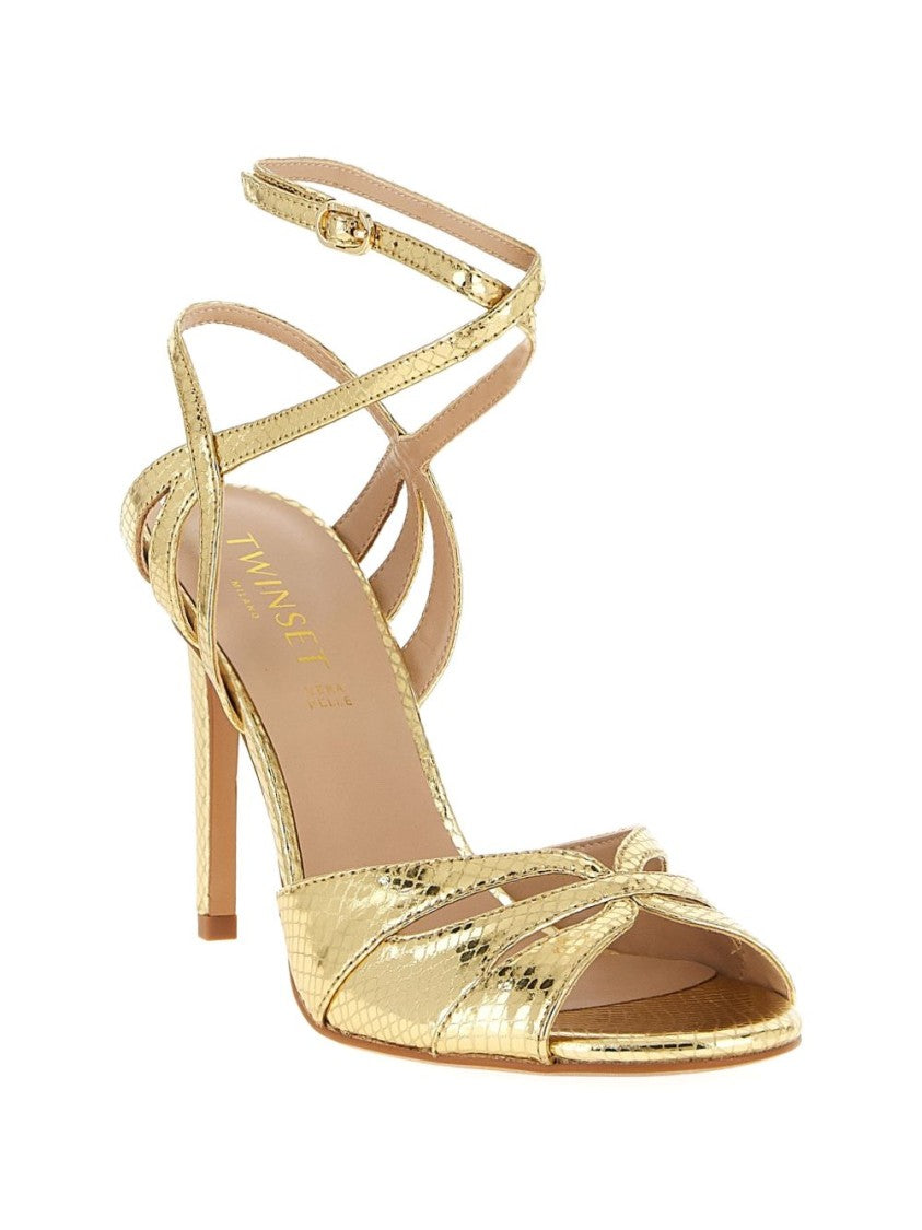 Twin-Set Textured Gold High-Heeled Sandals With Ankle Strap