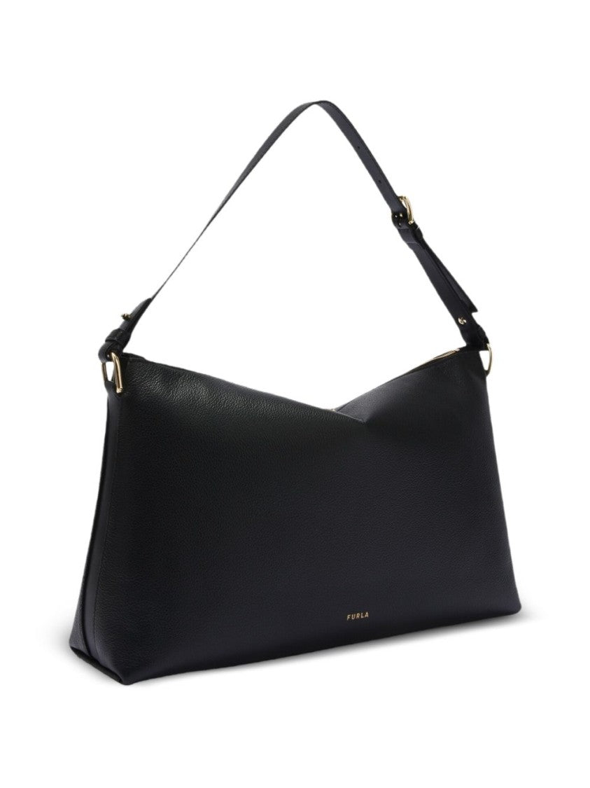 Furla Elongated Leather Handbag With Adjustable Strap And Gold Accents