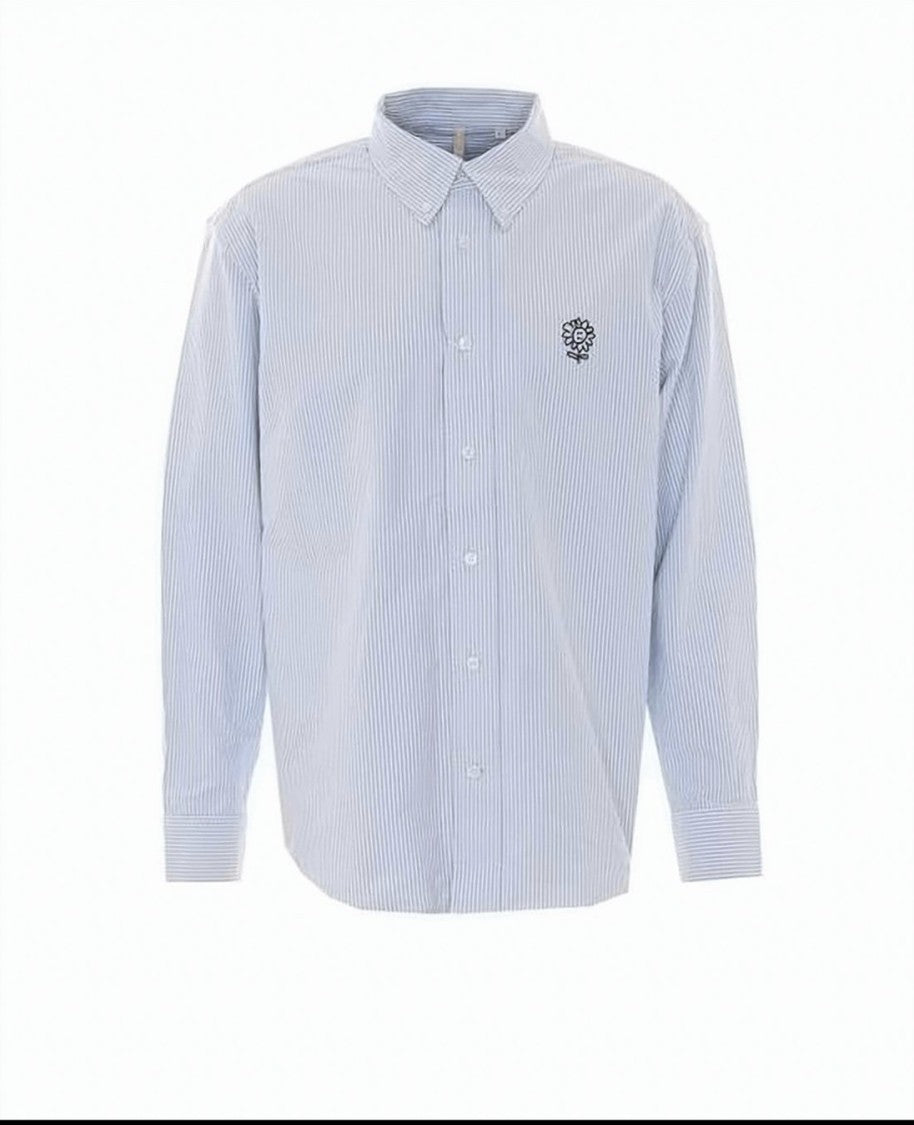 Sunflower Vertical Stripe Long-Sleeve Shirt With Embroidered Sunflower Motif