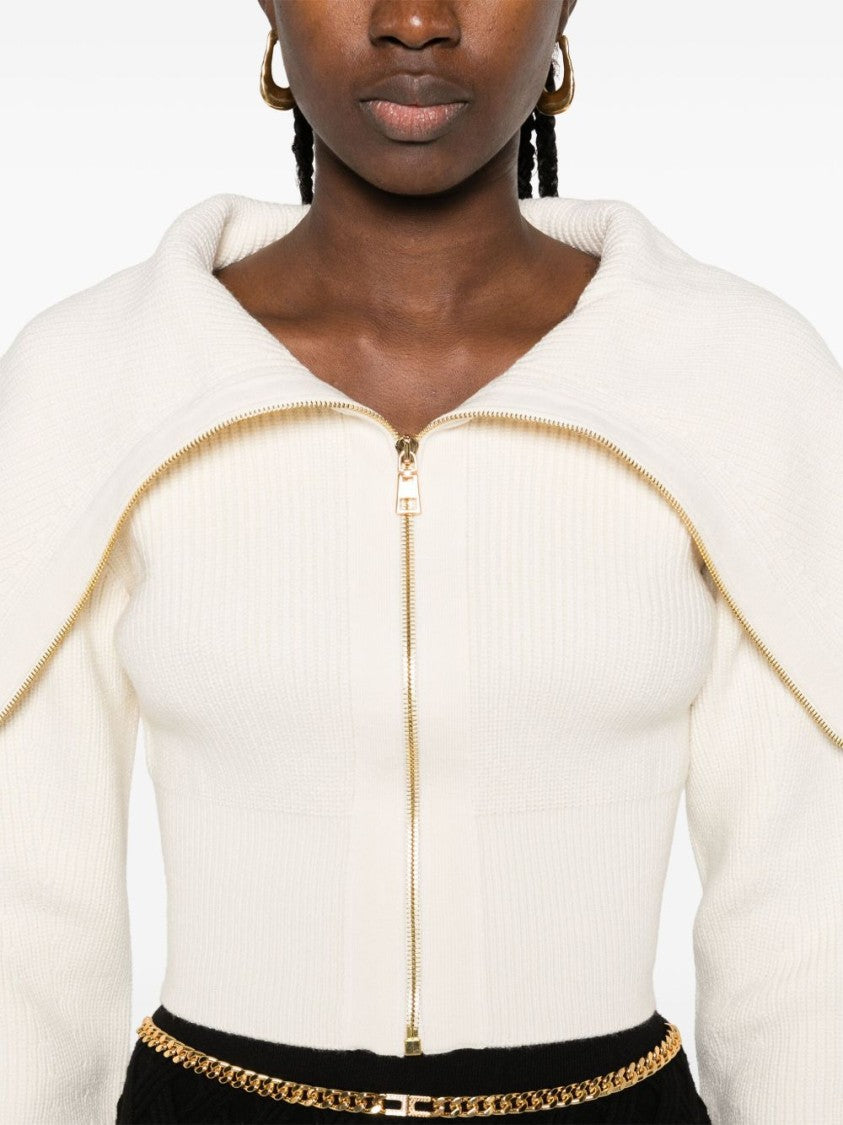 Elisabetta Franchi Cropped White Sweater With Fold-Over Collar