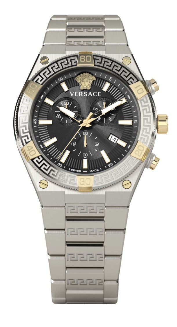 Versace Chronograph Watch With Black Dial And Greca Bracelet