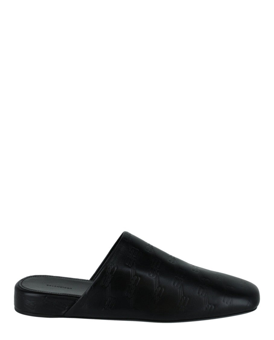 Balenciaga Square-Toe Black Calfskin Mules With Embossed Bb Monogram