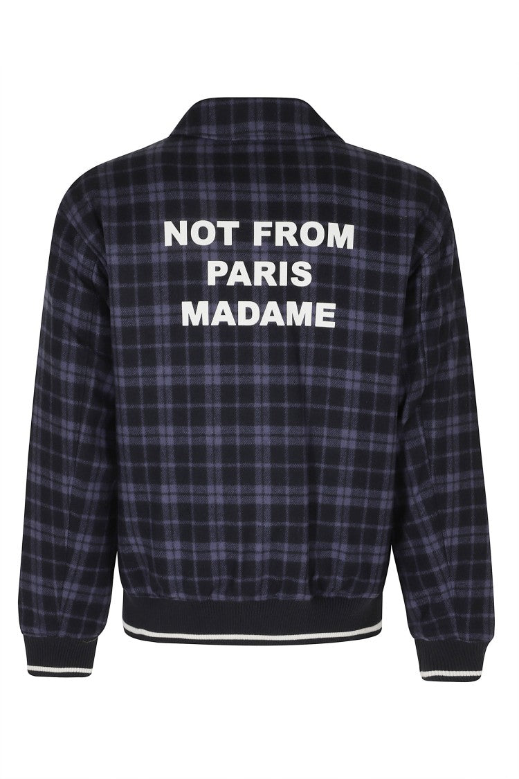 Drôle De Monsieur Blue Checkered Flannel Slogan Wool Bomber Jacket