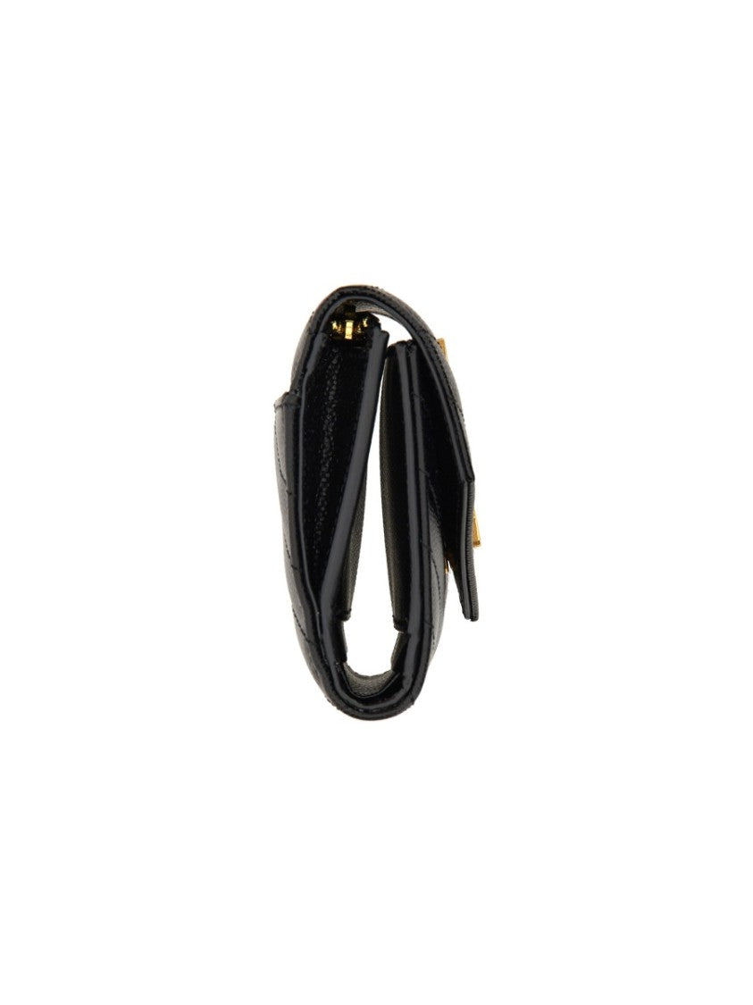 Saint Laurent Chevron Quilted Calfskin Tri-Fold Wallet With Metallic Emblem