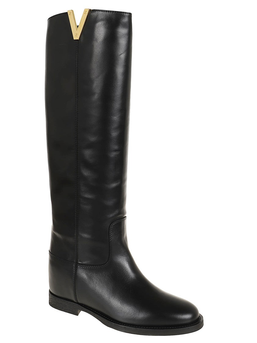 Via Roma 15 Knee-High Black Calfskin Boots With Internal Wedge