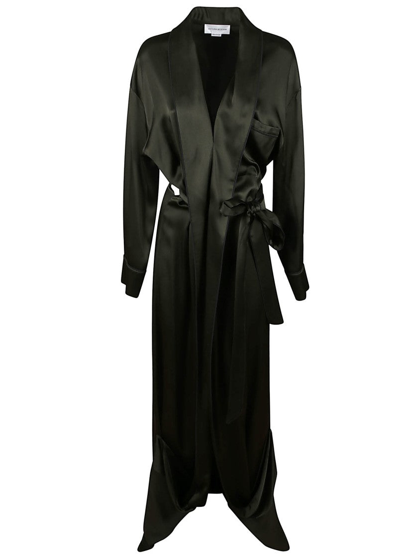 Victoria Beckham Satin-Wrap Gown With Cuffed Sleeves And V-Neckline