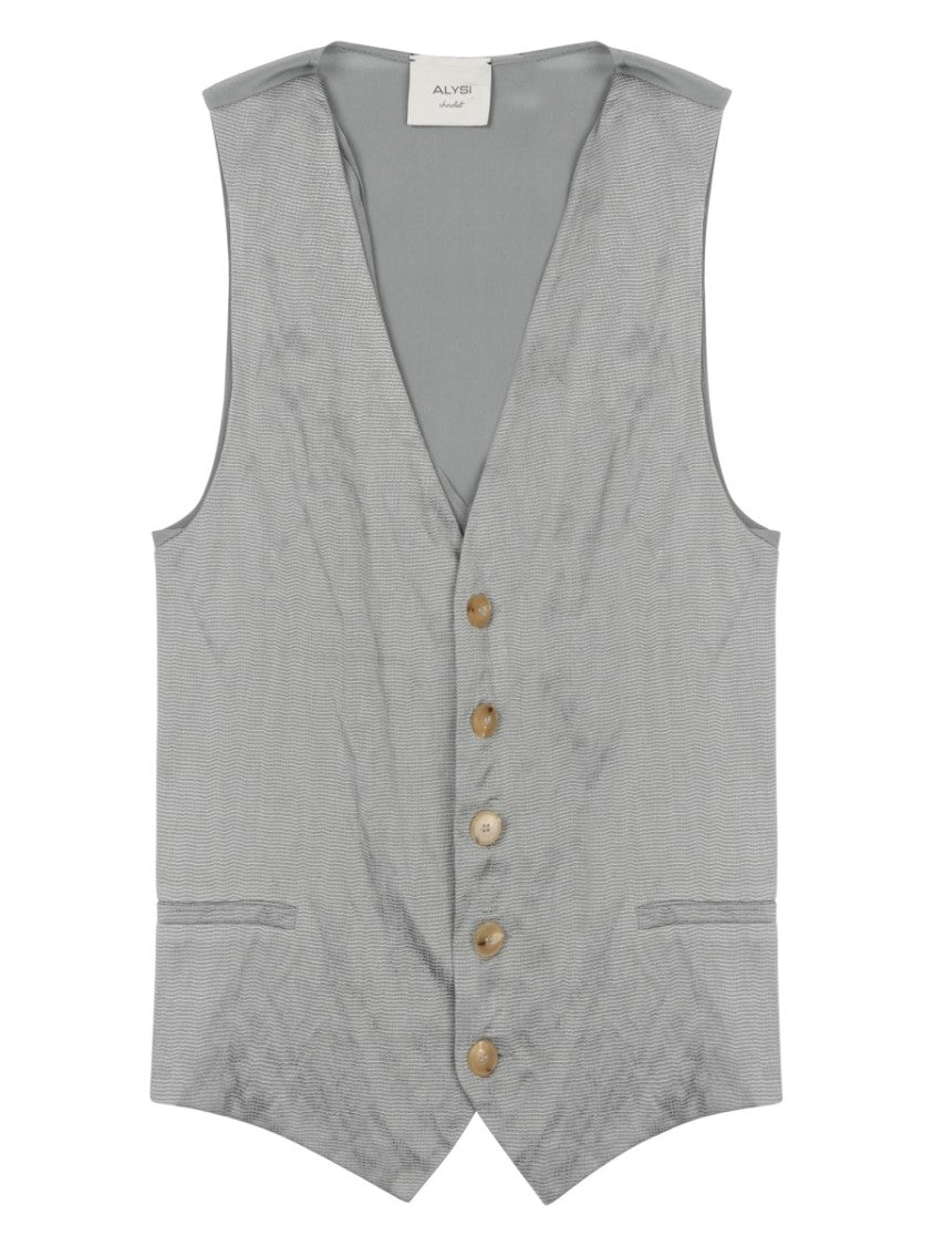 Alysi Soft Grey Sleeveless Vest With Textured Fabric And Button Detail