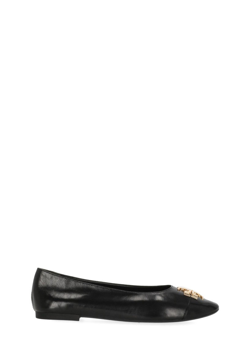 Tory Burch Black Pointed Toe Gold Emblem Leather Flats