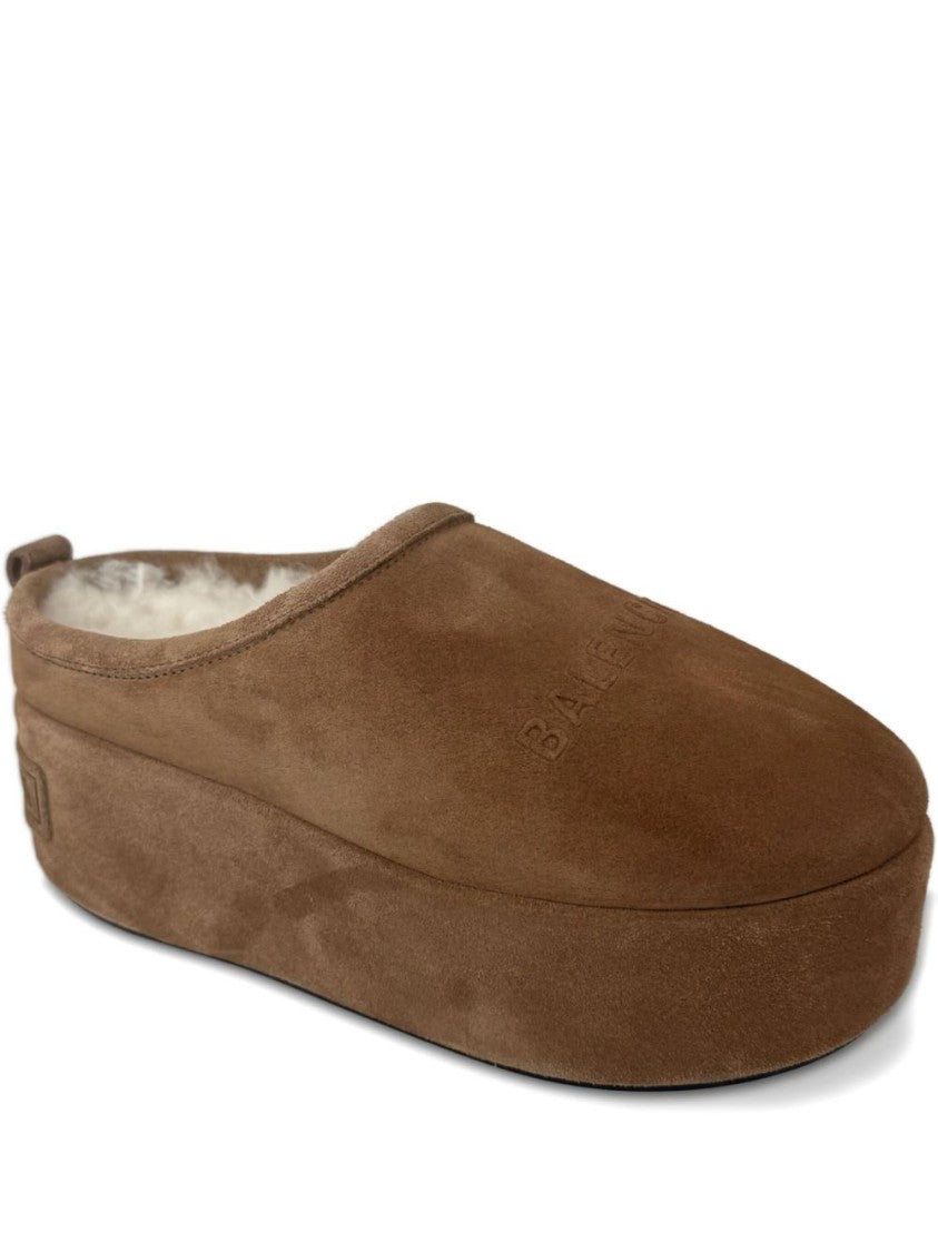 Balenciaga Brown Suede Platform Mule With Embossed Logo Details