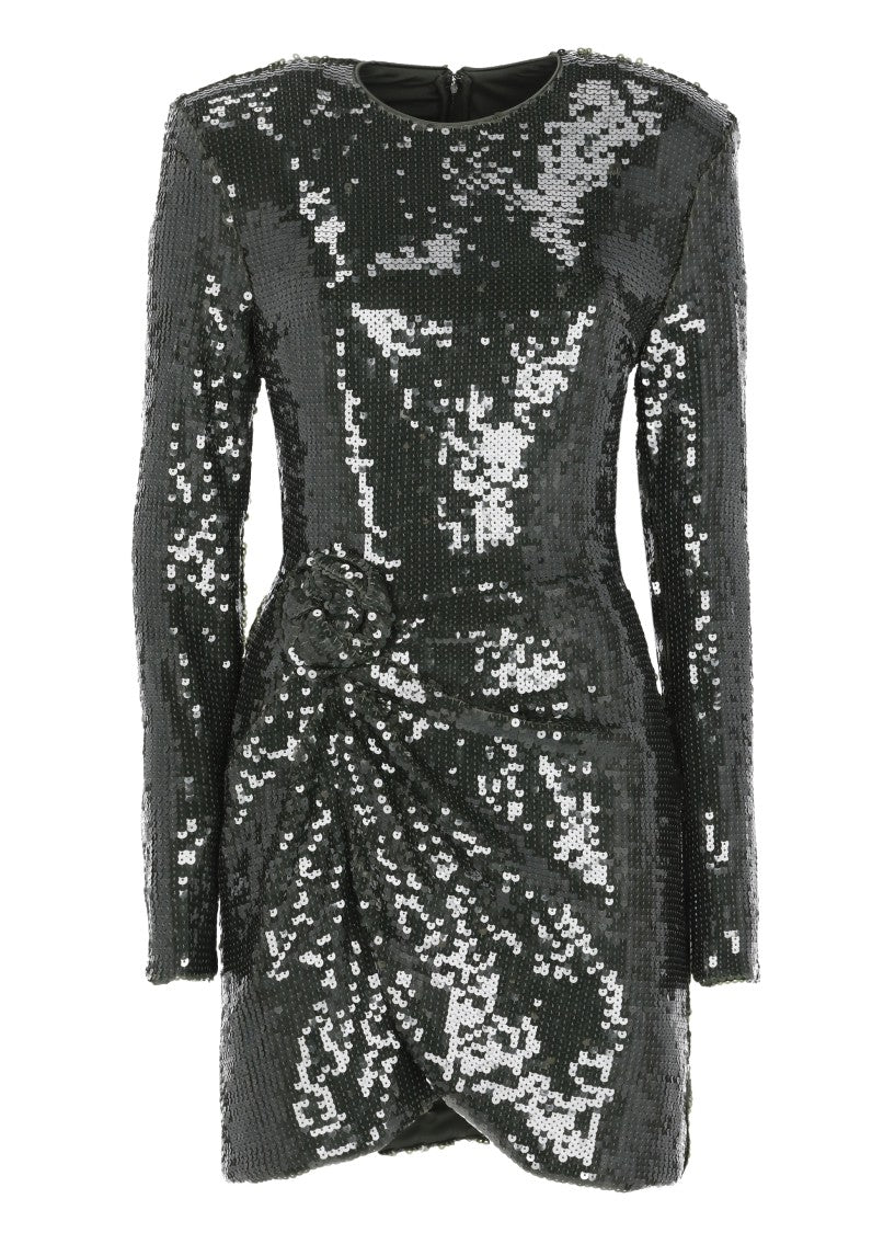 Rotate Olive Green Pailletes Mini Dress With Sequined Rose Drape