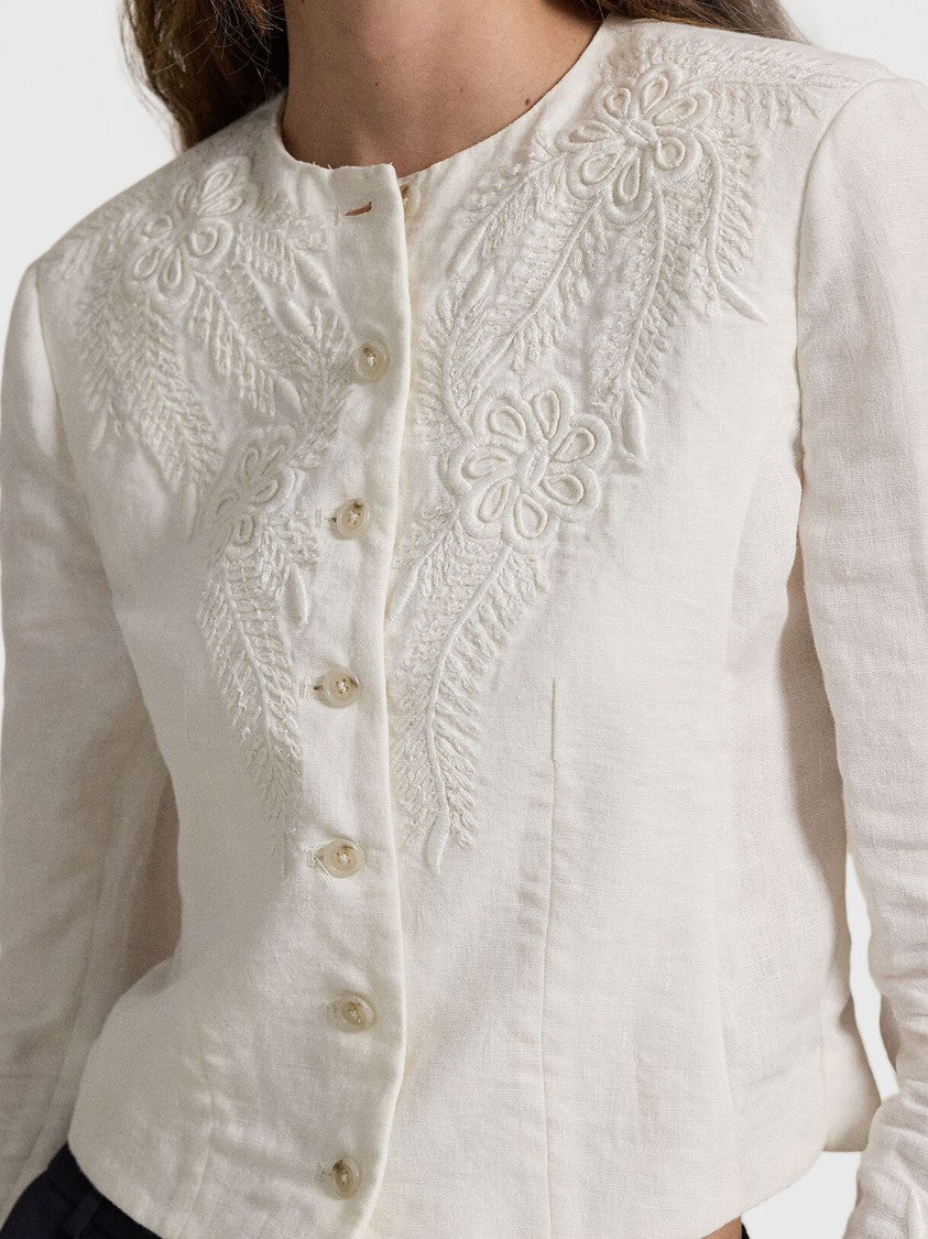 Polo Ralph Lauren Cropped Linen Blazer With Floral Embroidery