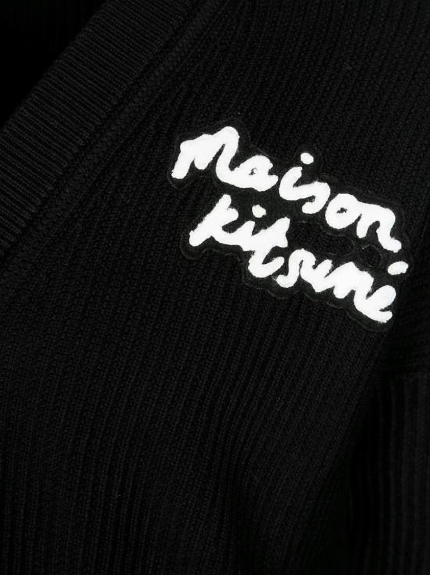 Maison Kitsuné Cropped Black Ribbed Knit Cardigan With V-Neckline And Embroidered Detail