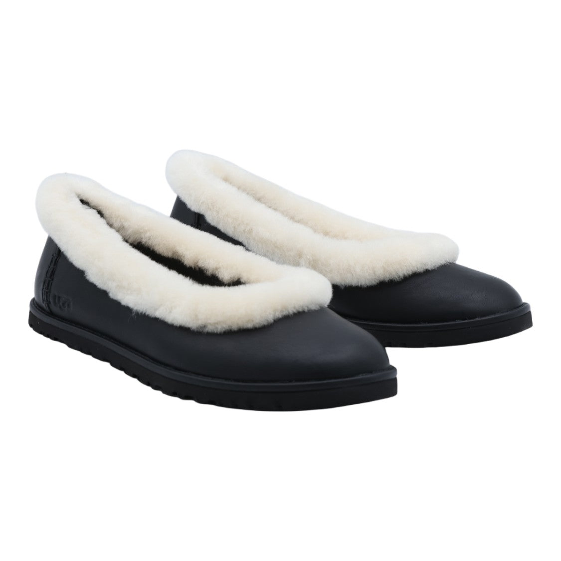 Ugg Black Flat Shoes With Plush White Fur Trim
