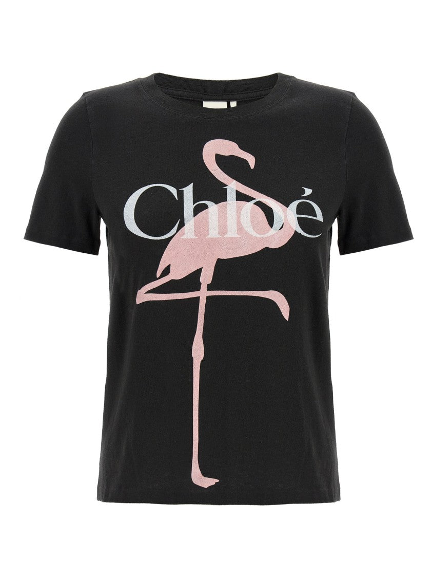 Chloé Graphic Black Cotton Jersey T-Shirt With Flamingo Print