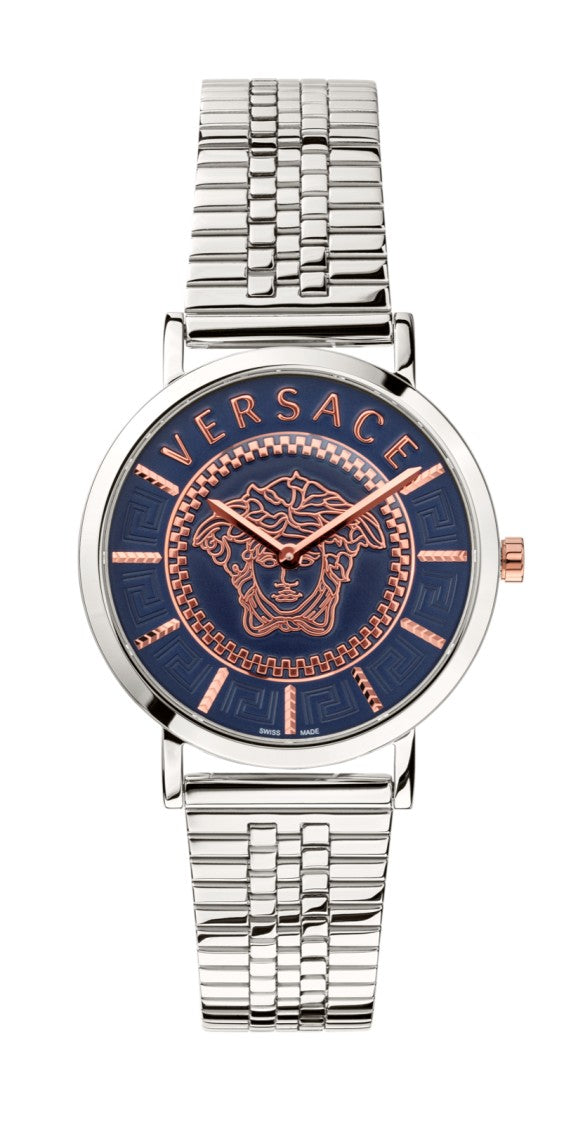 Versace V-Essential 36Mm Steel Watch With Deep Blue Dial And Medusa Design