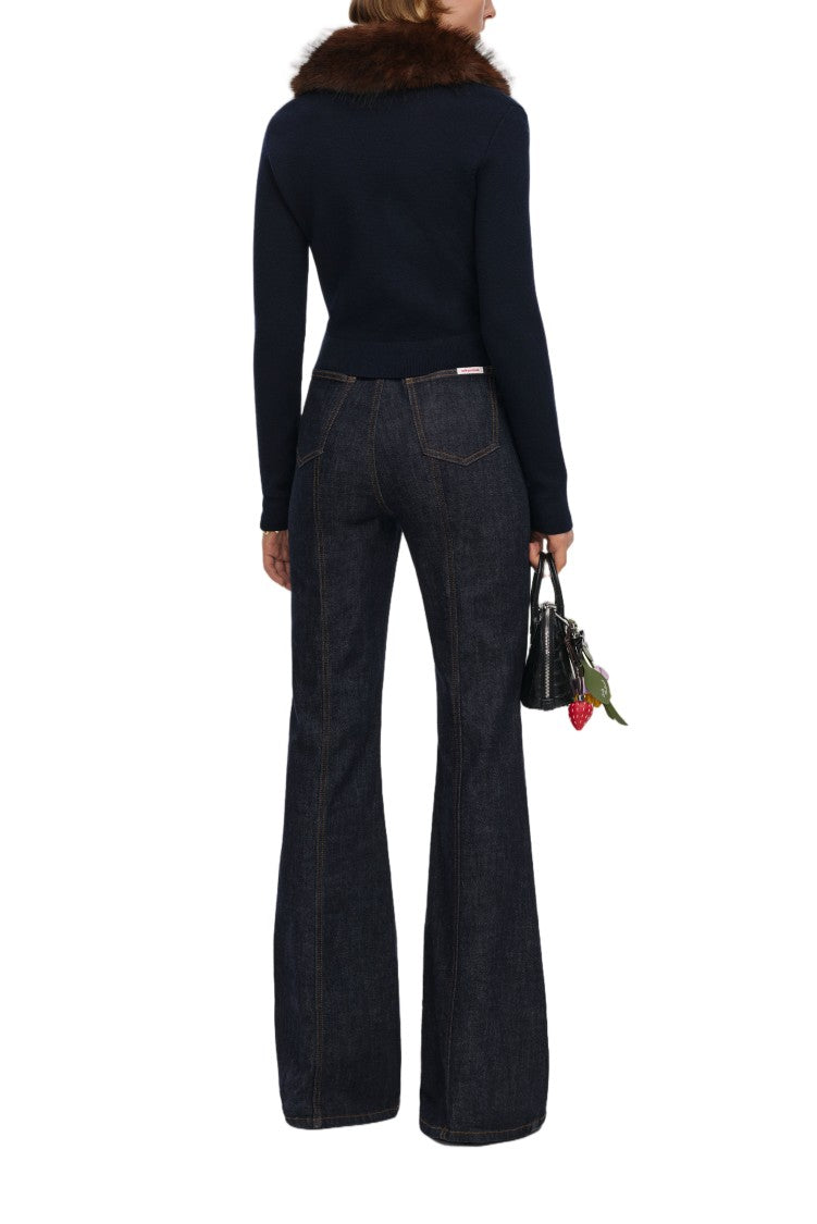 Self-Portrait Fitted Navy Blue Sweater With Brown Fur Collar