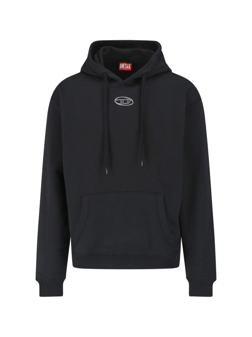 Diesel Cropped Black Hoodie With Kangaroo Pocket And Adjustable Drawstring