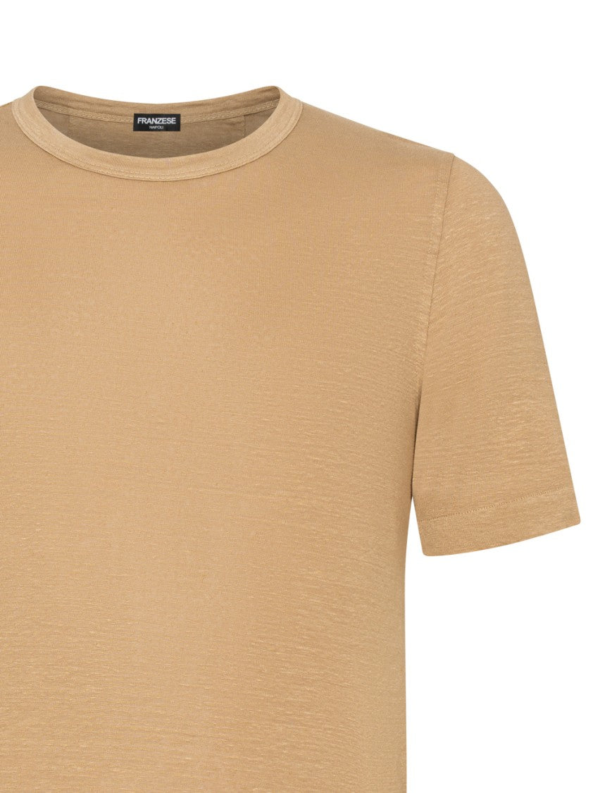 Franzese Collection Beige Handmade Crewneck T-Shirt In Irish Linen