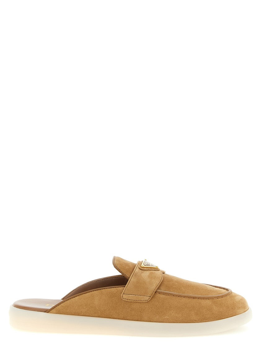 Prada Suede Slip-On Sabots With Enameled Triangle Logo