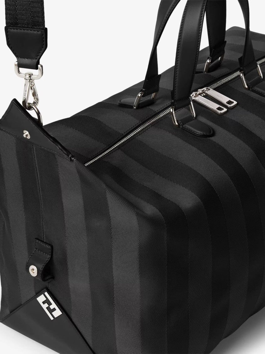 Fendi Matte Finish Black Duffle Bag With Striped Pattern And Silver Hardware