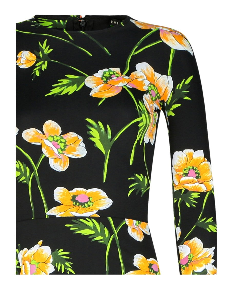 Balenciaga Floral Print A-Line Midi Dress With Bodysuit Lining