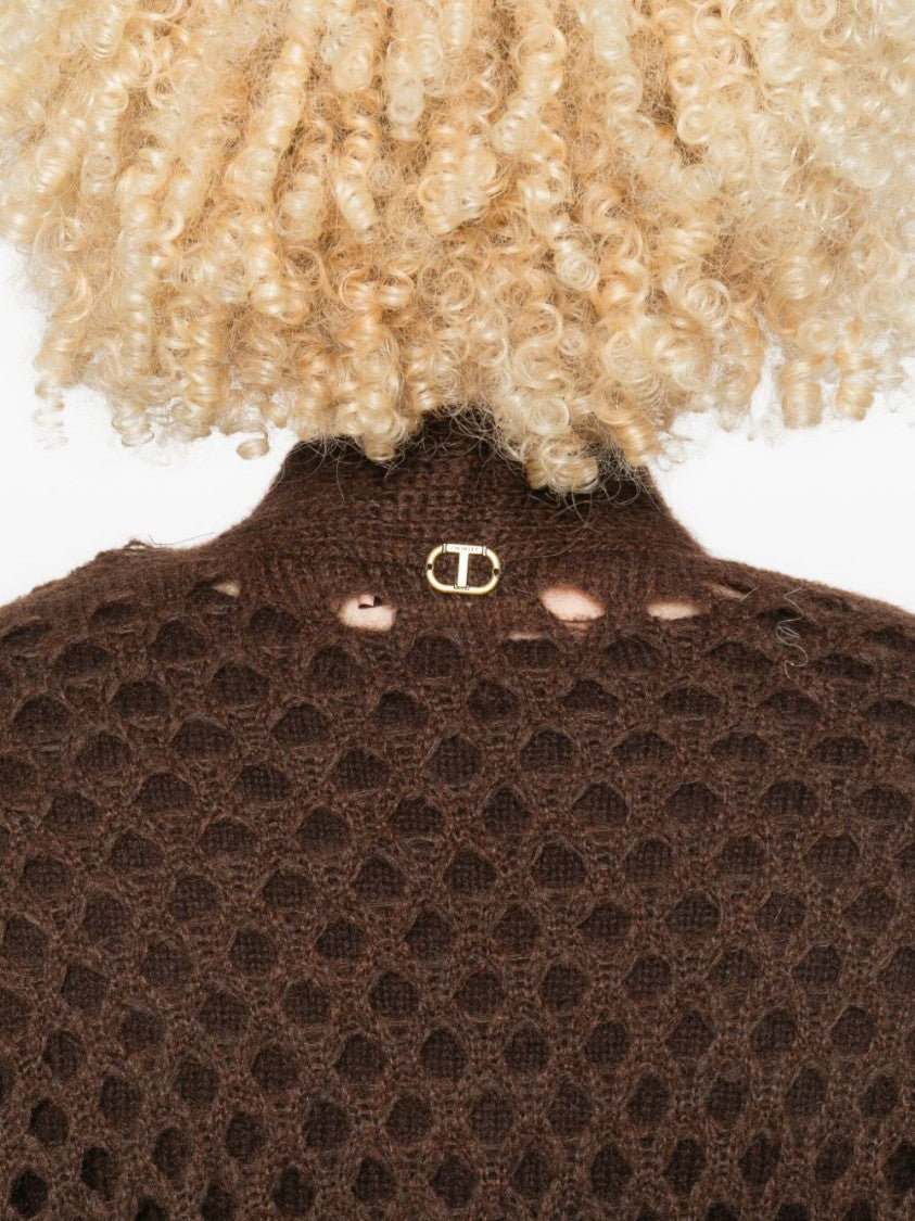 Twin-Set Open-Knit Brown Mohair And Wool Blend Cardigan