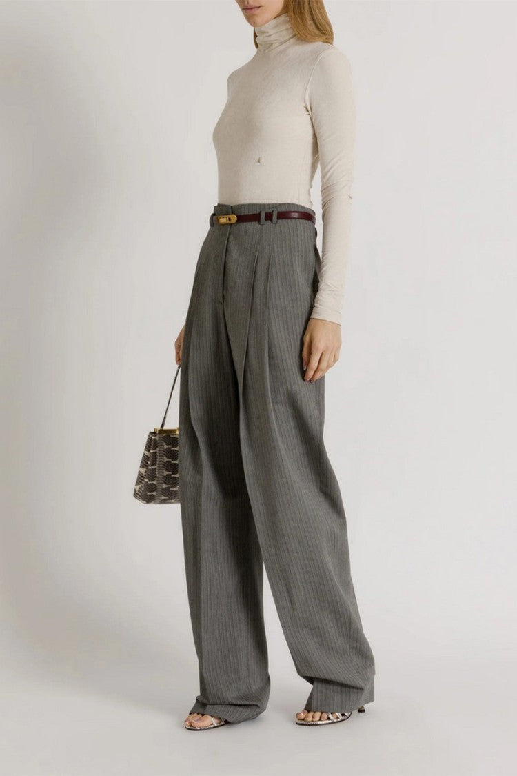 Alberta Ferretti Grey Pinstripe Pleated Viscose-Wool Wide-Leg Pants