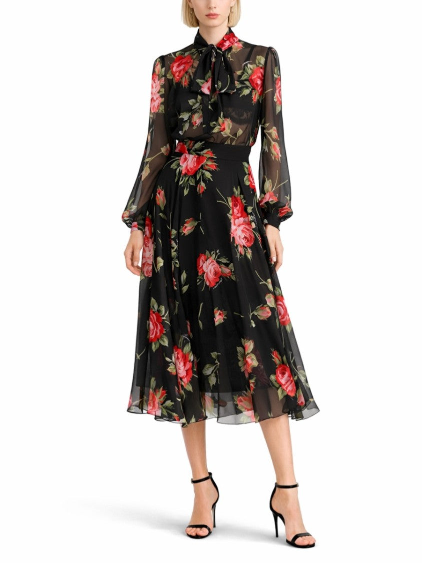 Dolce & Gabbana Black Rose Bouquet Printed Silk Blouse