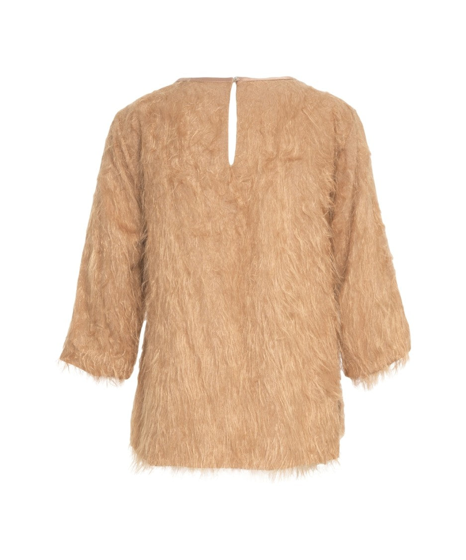 Ottod'ame Fringed Textured Top With Classic Round Neck And Three-Quarter Sleeves