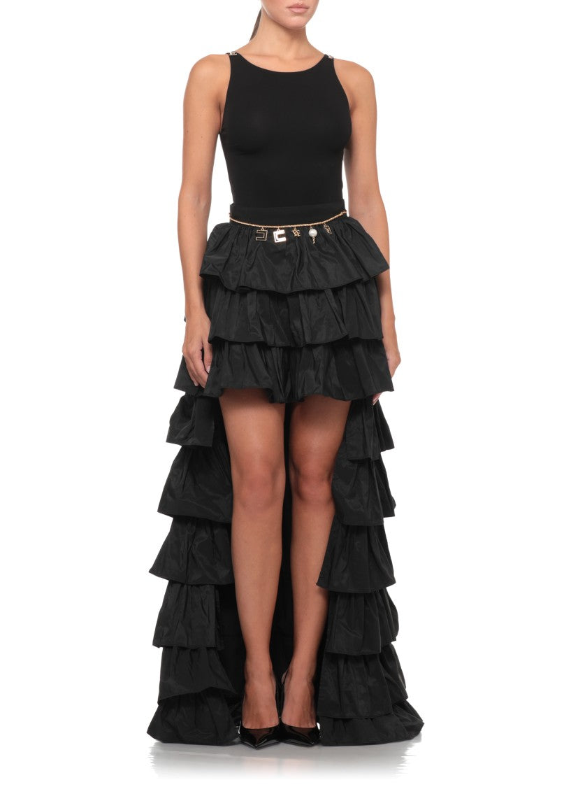 Elisabetta Franchi Long Black Ruffle Skirt With Removable Gold Detailing