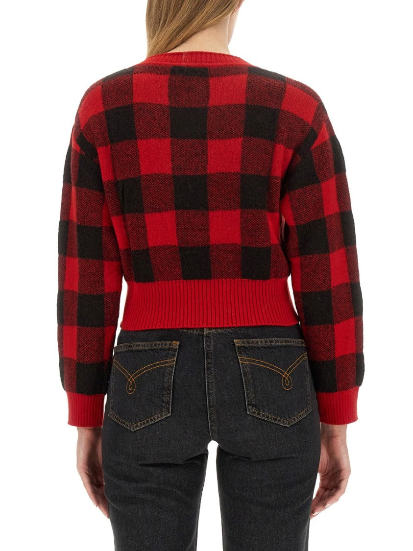 Moschino Cropped V-Neck Sweater With Checkered Pattern